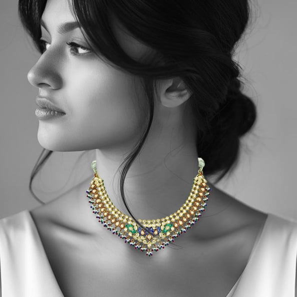 Polki Necklace with Peacock Enamel and Multicolour Beads